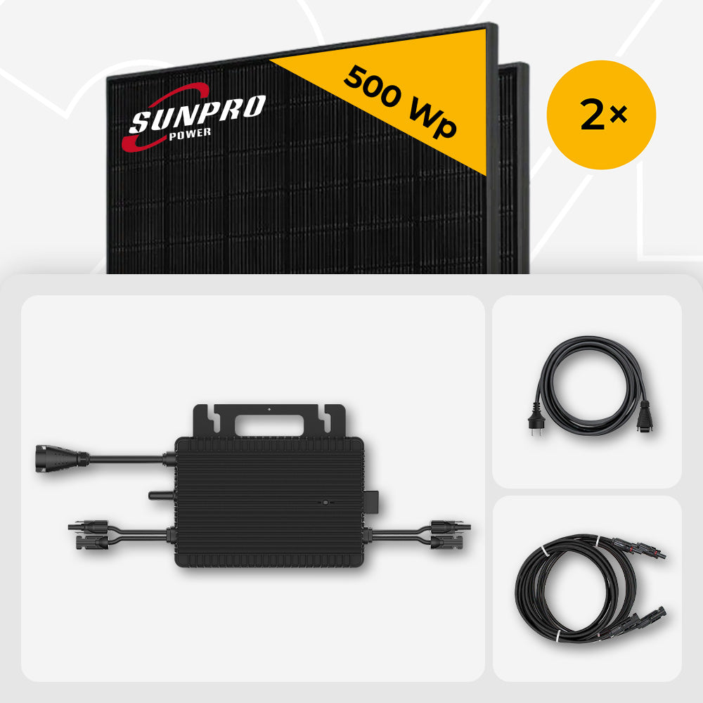 1000 Wp Balkonkraftwerk - 2x SunPro 500 Wp Full Black bifazial & Hoymiles HMS-800-2WB HiFlow Pro Wechselrichter