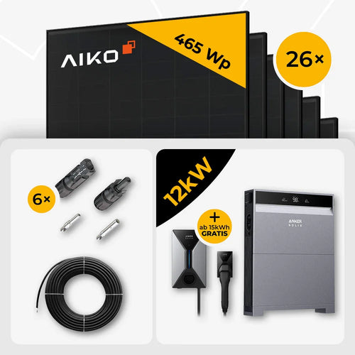 12 kWp Anker PV Komplettset X1-H12K-T & 26x AIKO 465W Full Black mit Speicheroption – mit Speicher Anker X1 5kWh