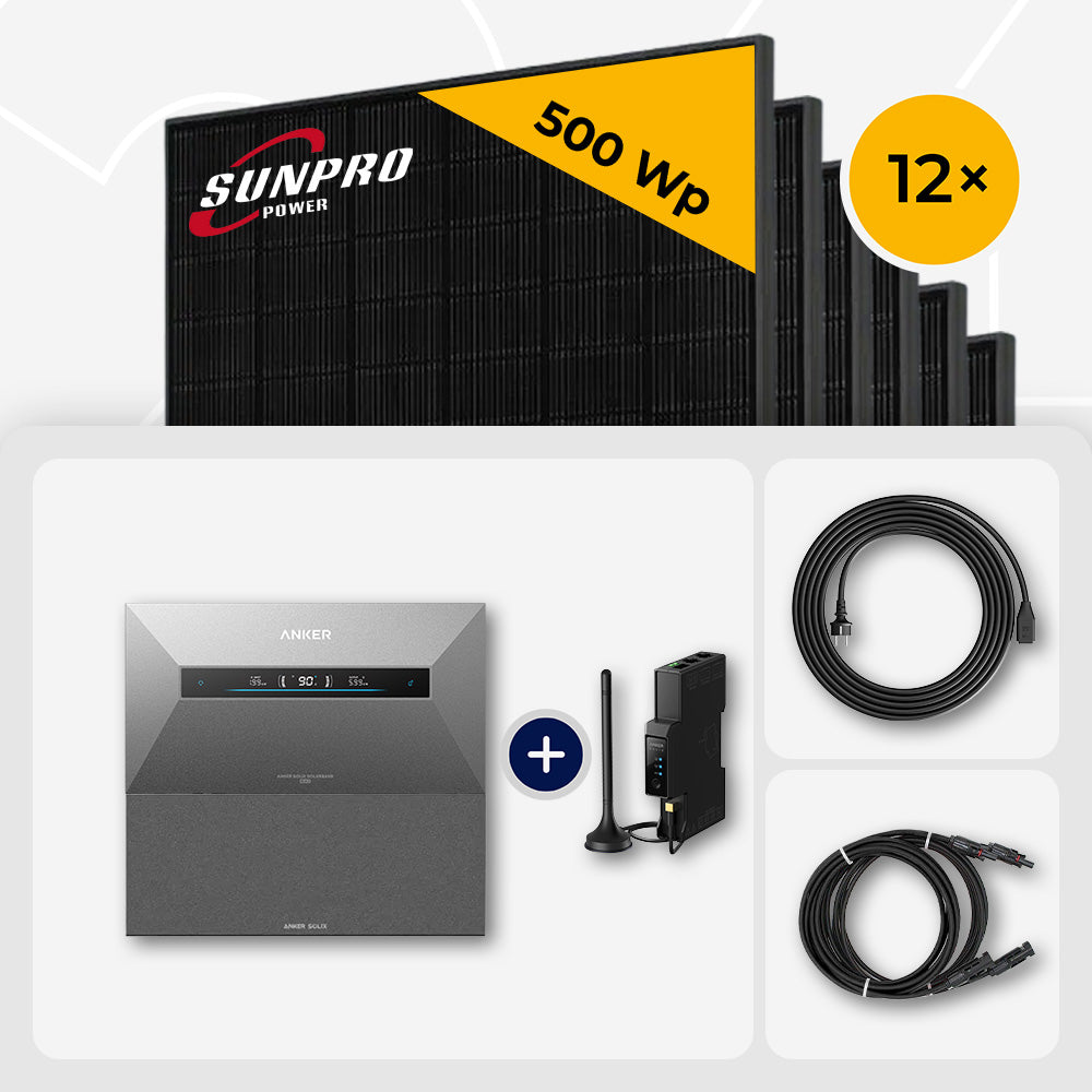 3000-10.000 Wp Balkonkraftwerk mit Speicher – 6-20x SunPro 500 Wp Full Black bifazial & Anker Solix Solarbank Max