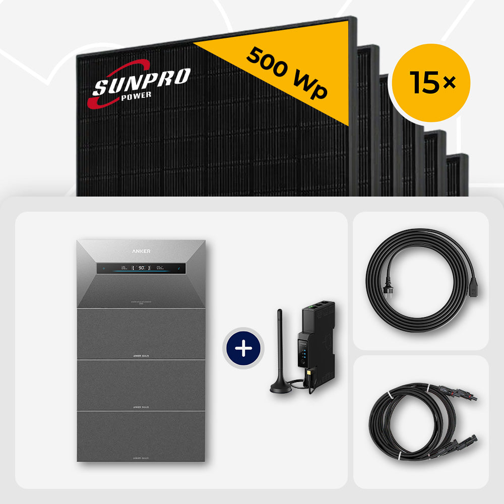 3000-10.000 Wp Balkonkraftwerk mit Speicher – 6-20x SunPro 500 Wp Full Black bifazial & Anker Solix Solarbank Max
