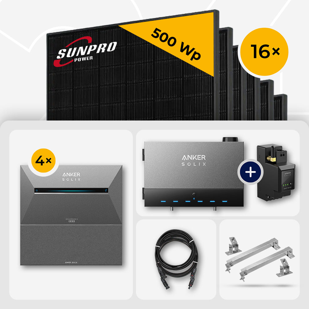 8 kWp Anker Solix PV Komplettset Power Dock + Solarbank 3 Pro & 16x SunPro 500W Bifazial Glas-Glas Full Black
