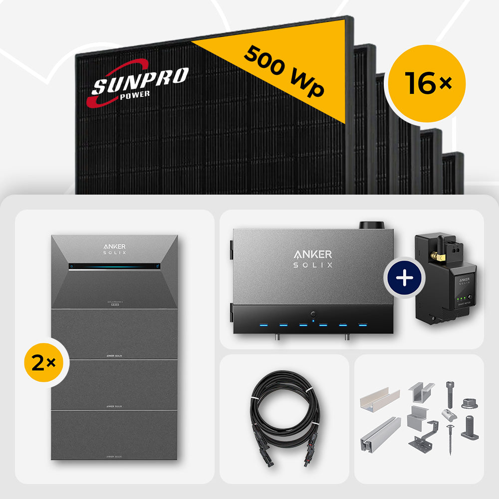 8 kWp Anker Solix PV Komplettset Power Dock + Solarbank 3 Pro & 16x SunPro 500W Bifazial Glas-Glas Full Black