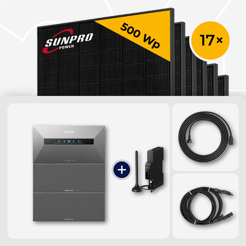 3000-10.000 Wp Balkonkraftwerk mit Speicher – 6-20x SunPro 500 Wp Full Black bifazial & Anker Solix Solarbank Max
