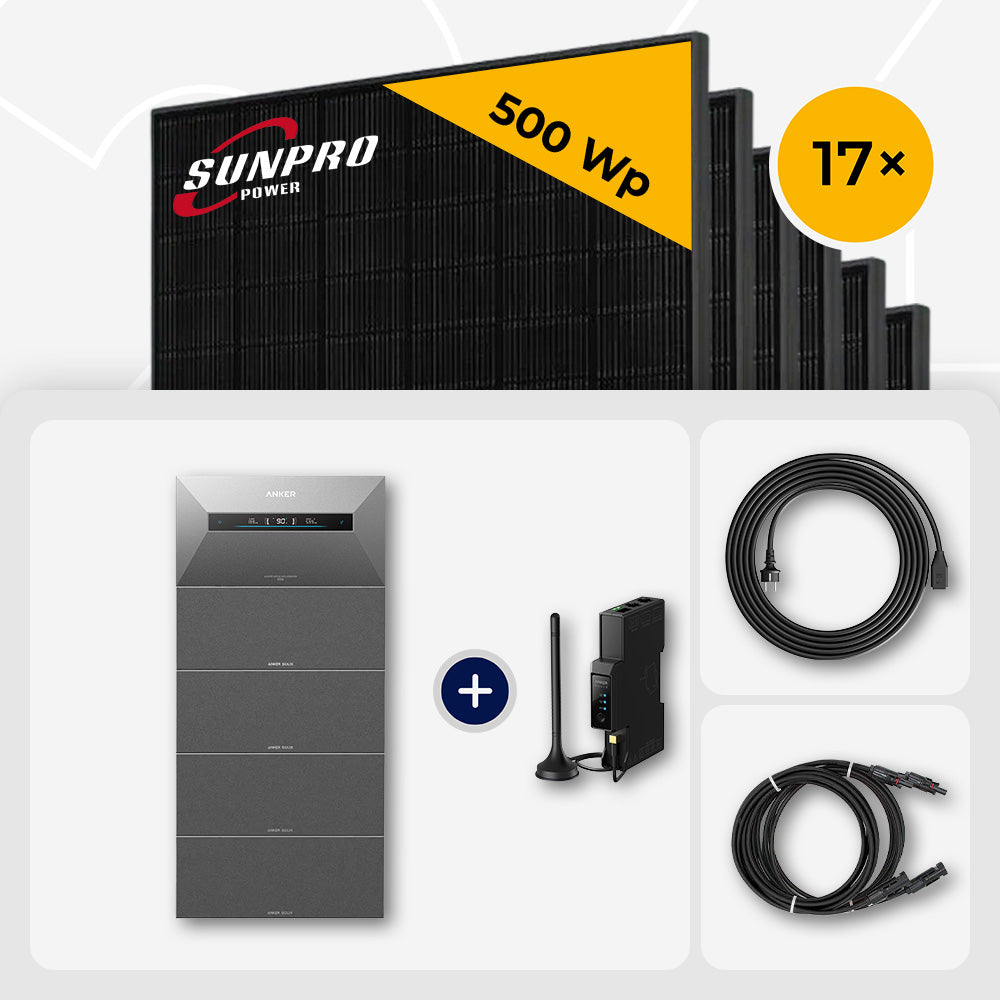 3000-10.000 Wp Balkonkraftwerk mit Speicher – 6-20x SunPro 500 Wp Full Black bifazial & Anker Solix Solarbank Max