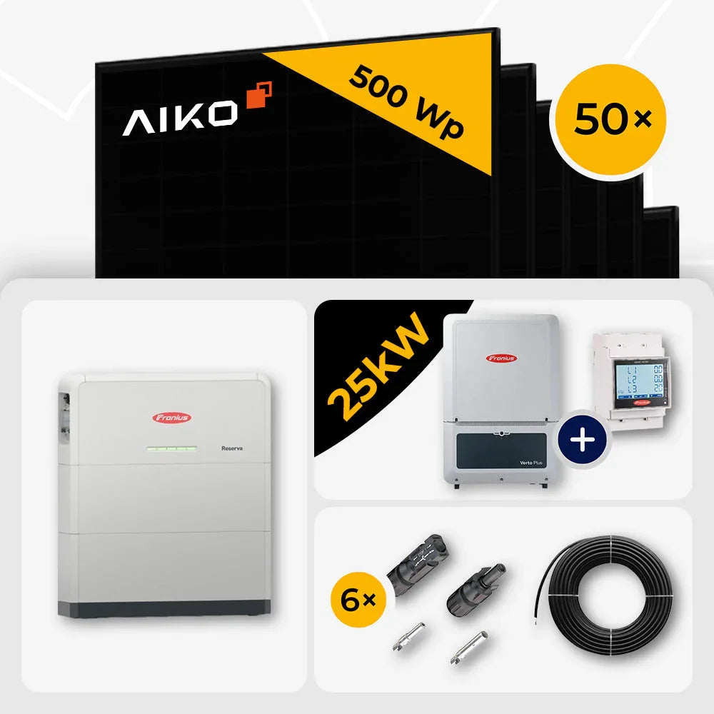 25 kWp Fronius PV Komplettset Verto Plus 25.0 & 50x AIKO 500W Full Black mit Speicheroption – mit Speicher Reserva 6.3