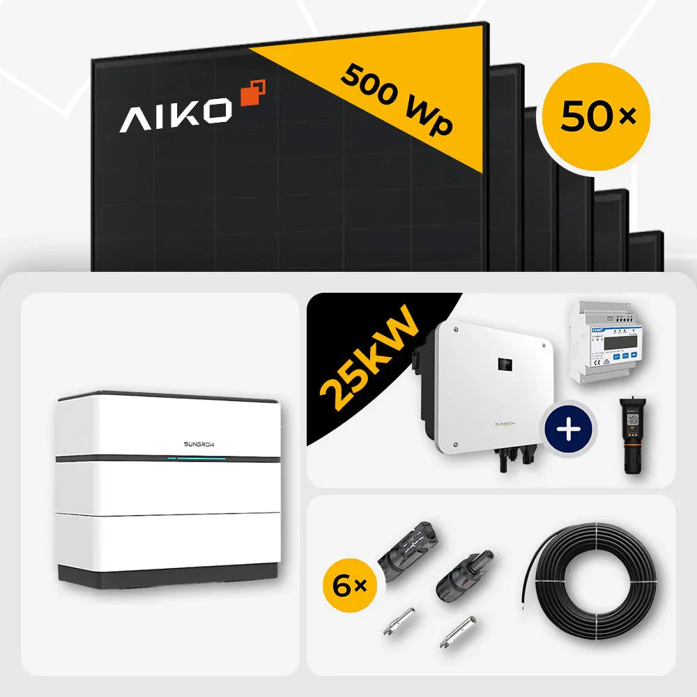 25 kWp Sungrow PV Komplettset Hybrid SH25T & 50x AIKO 500W Full Black mit Speicheroption – mit Speicher Sungrow SBH100