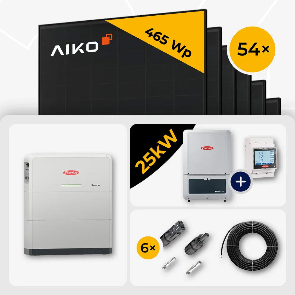 25 kWp Fronius PV Komplettset Verto Plus 25.0 & 54x AIKO 465W Full Black mit Speicheroption – mit Speicher Reserva 6.3