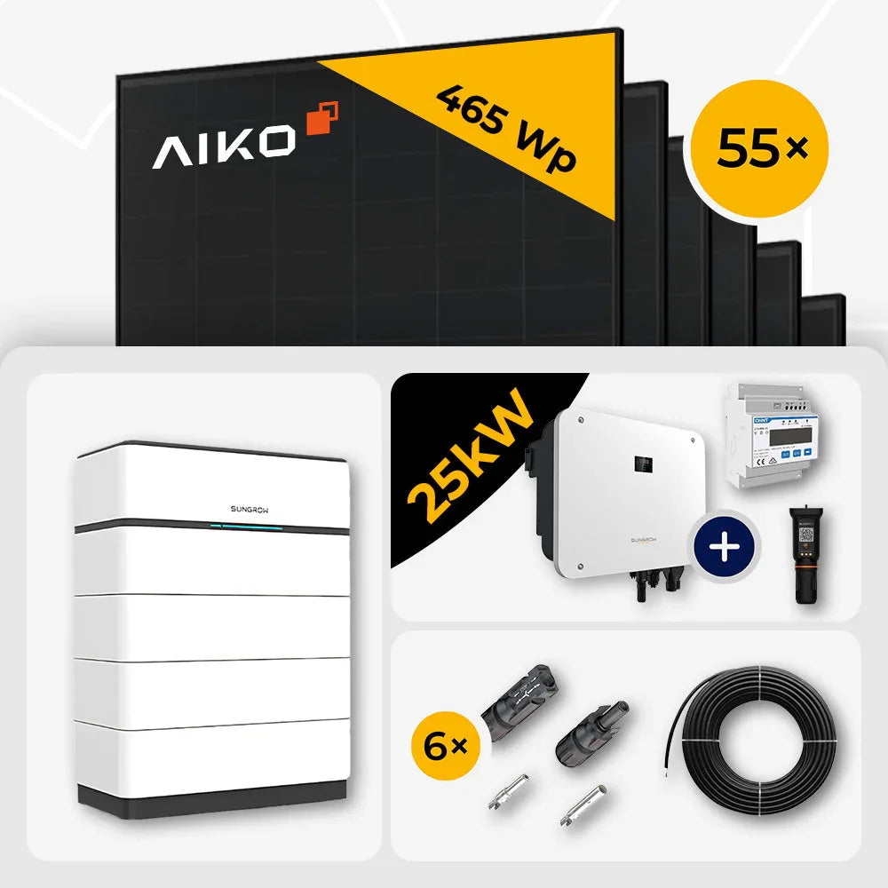 25 kWp Sungrow PV Komplettset Hybrid SH25T & 55x AIKO 465W Full Black mit Speicheroption – mit Speicher Sungrow SBH200