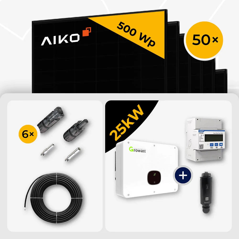 AIKO 500W Full Black 50x Growatt MID25KTL3-XH 25kW Set