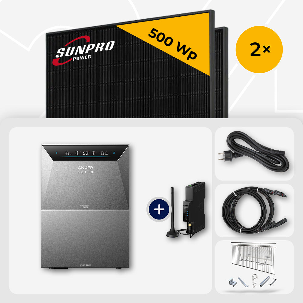 1000 Wp Balkonkraftwerk mit Speicher – 2x SunPro 500 Wp Full Black bifazial & Anker Solix Solarbank 4 Pro