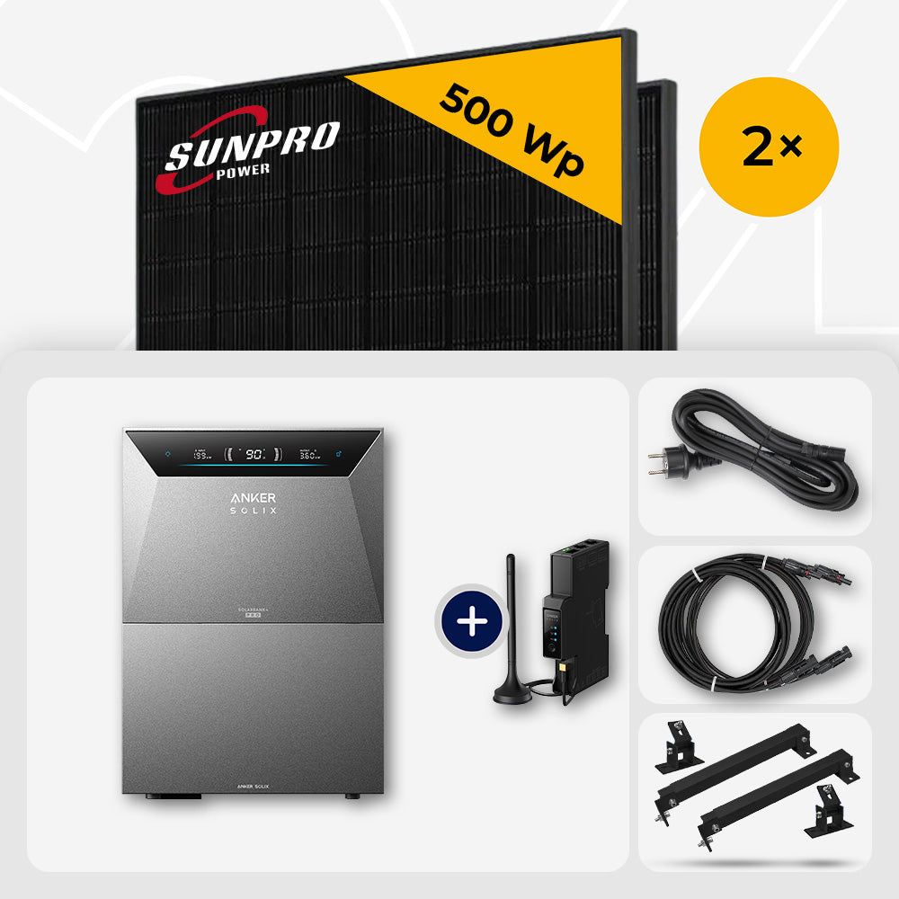1000 Wp Balkonkraftwerk mit Speicher – 2x SunPro 500 Wp Full Black bifazial & Anker Solix Solarbank 4 Pro