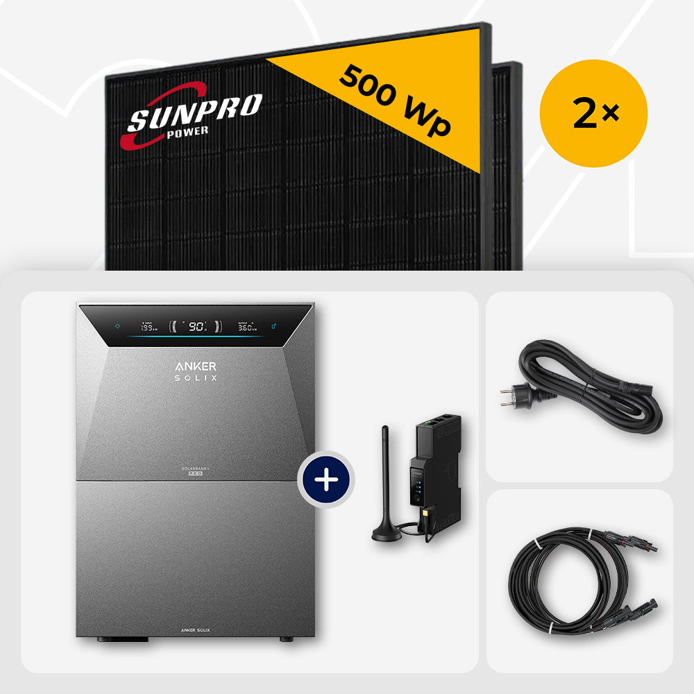 1000 Wp Balkonkraftwerk mit Speicher – 2x SunPro 500 Wp Full Black bifazial & Anker Solix Solarbank 4 Pro