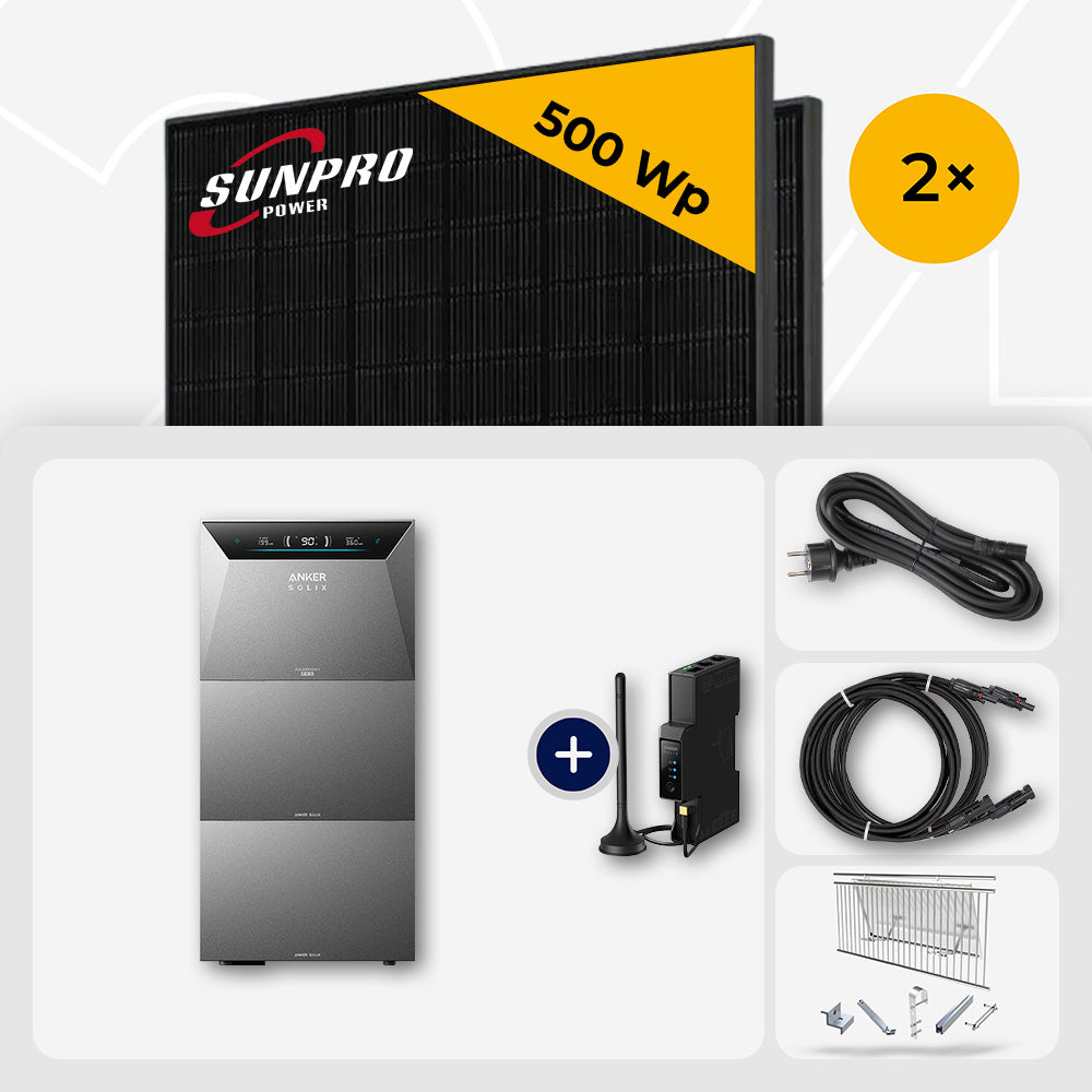 1000 Wp Balkonkraftwerk mit Speicher – 2x SunPro 500 Wp Full Black bifazial & Anker Solix Solarbank 4 Pro
