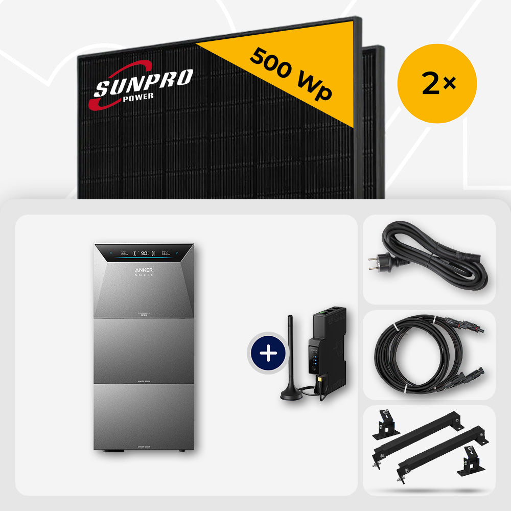 1000 Wp Balkonkraftwerk mit Speicher – 2x SunPro 500 Wp Full Black bifazial & Anker Solix Solarbank 4 Pro