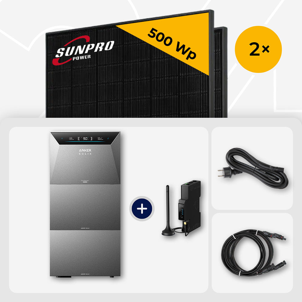 1000 Wp Balkonkraftwerk mit Speicher – 2x SunPro 500 Wp Full Black bifazial & Anker Solix Solarbank 4 Pro