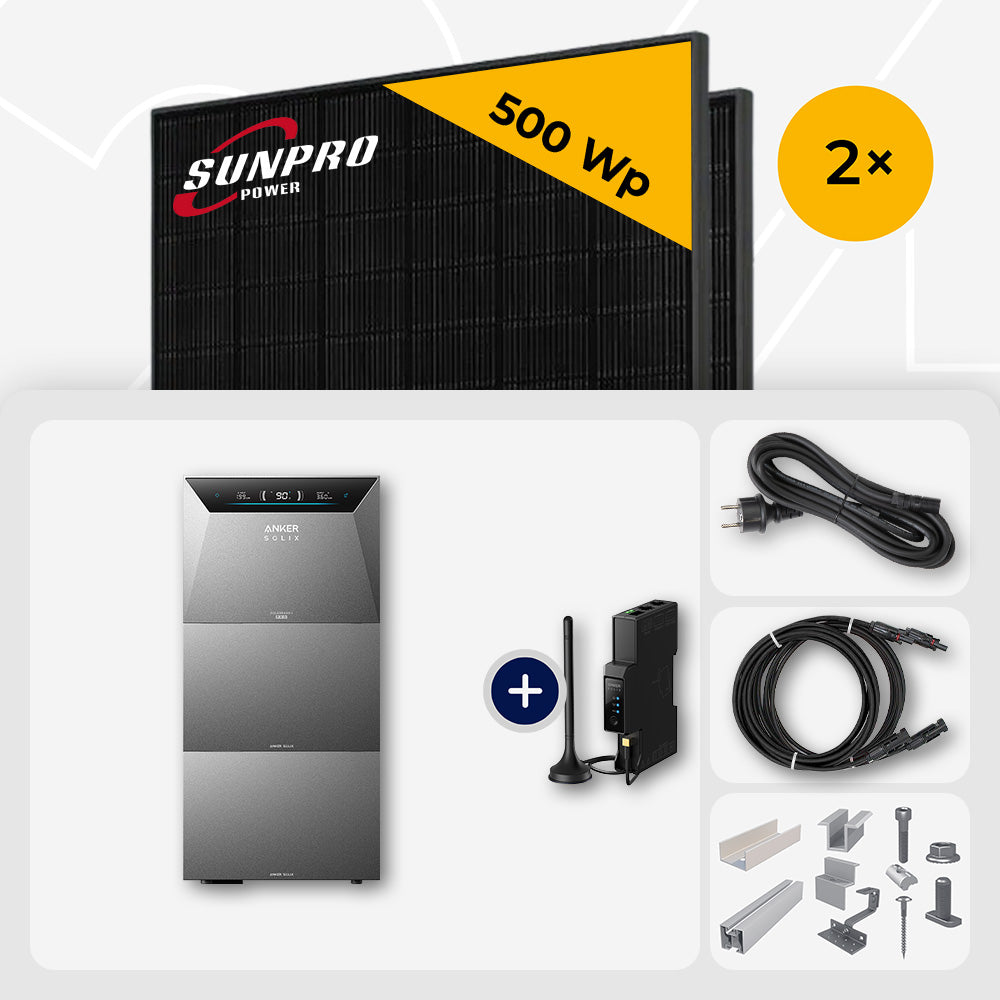 1000 Wp Balkonkraftwerk mit Speicher – 2x SunPro 500 Wp Full Black bifazial & Anker Solix Solarbank 4 Pro