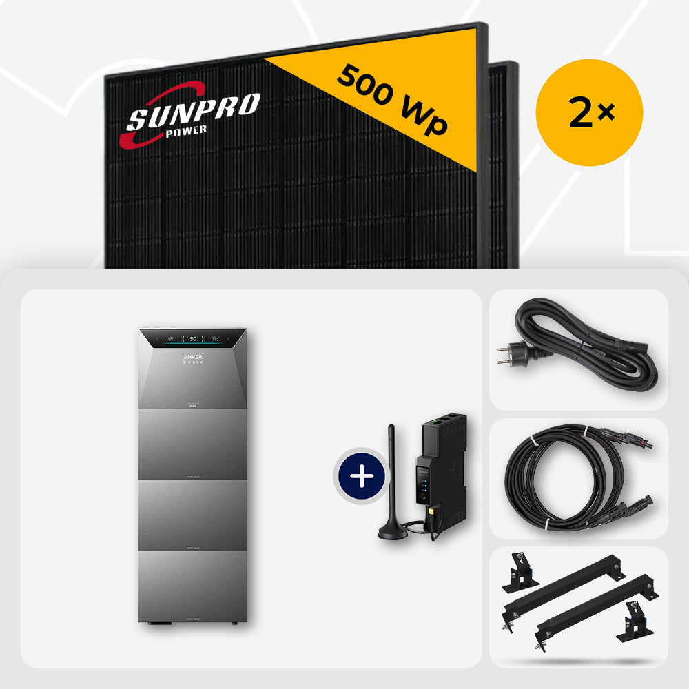 1000 Wp Balkonkraftwerk mit Speicher – 2x SunPro 500 Wp Full Black bifazial & Anker Solix Solarbank 4 Pro