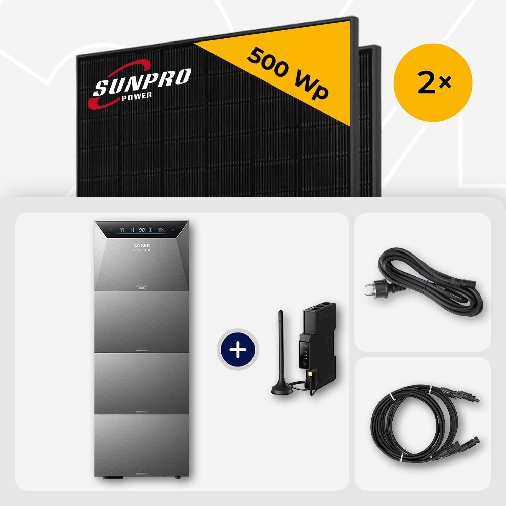 1000 Wp Balkonkraftwerk mit Speicher – 2x SunPro 500 Wp Full Black bifazial & Anker Solix Solarbank 4 Pro