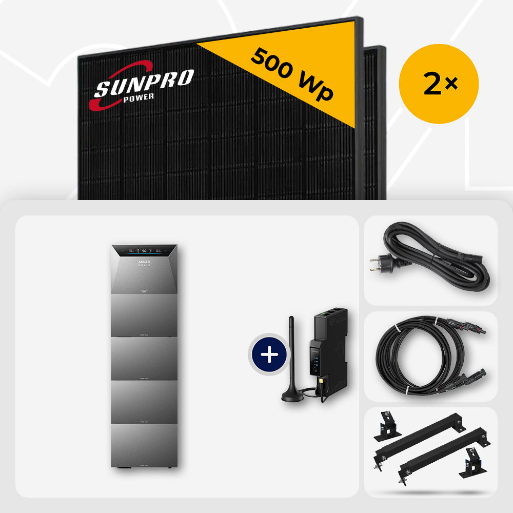 1000 Wp Balkonkraftwerk mit Speicher – 2x SunPro 500 Wp Full Black bifazial & Anker Solix Solarbank 4 Pro
