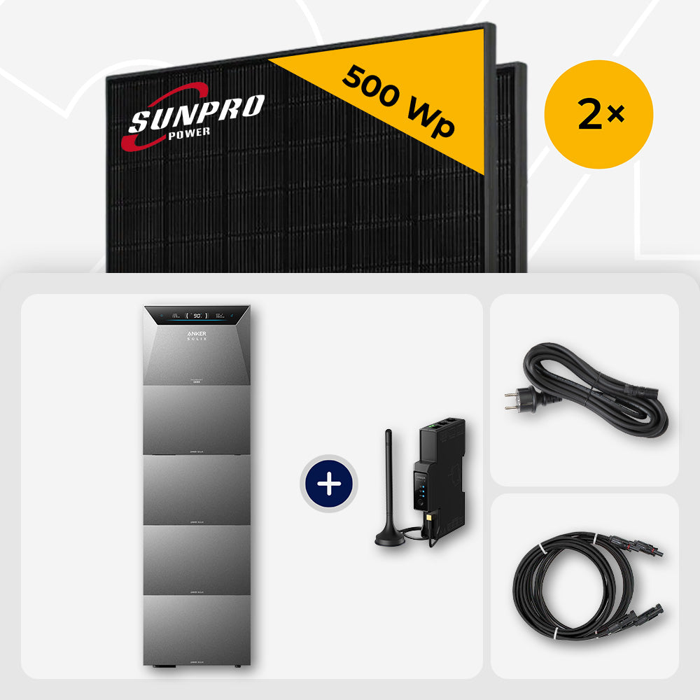 1000 Wp Balkonkraftwerk mit Speicher – 2x SunPro 500 Wp Full Black bifazial & Anker Solix Solarbank 4 Pro