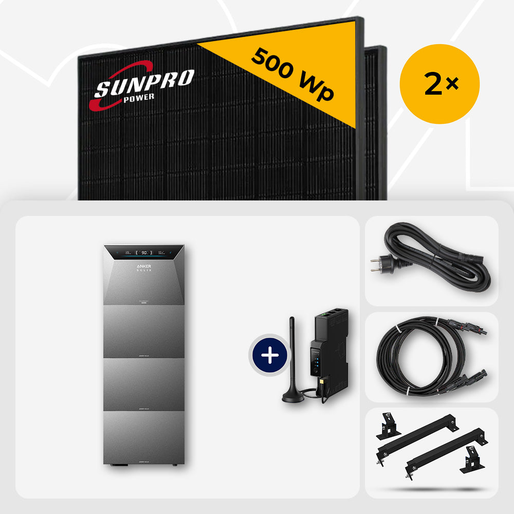 1000 Wp Balkonkraftwerk mit Speicher – 2x SunPro 500 Wp Full Black bifazial & Anker Solix Solarbank 4 Pro