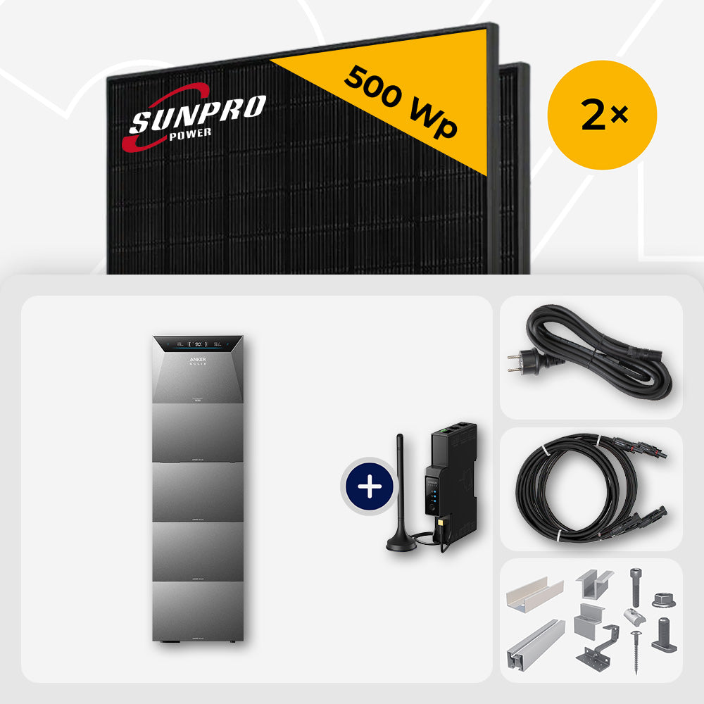 1000 Wp Balkonkraftwerk mit Speicher – 2x SunPro 500 Wp Full Black bifazial & Anker Solix Solarbank 4 Pro