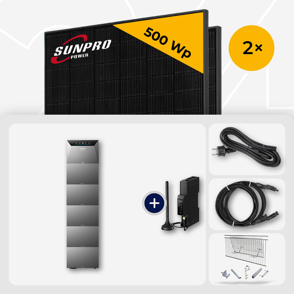 1000 Wp Balkonkraftwerk mit Speicher – 2x SunPro 500 Wp Full Black bifazial & Anker Solix Solarbank 4 Pro