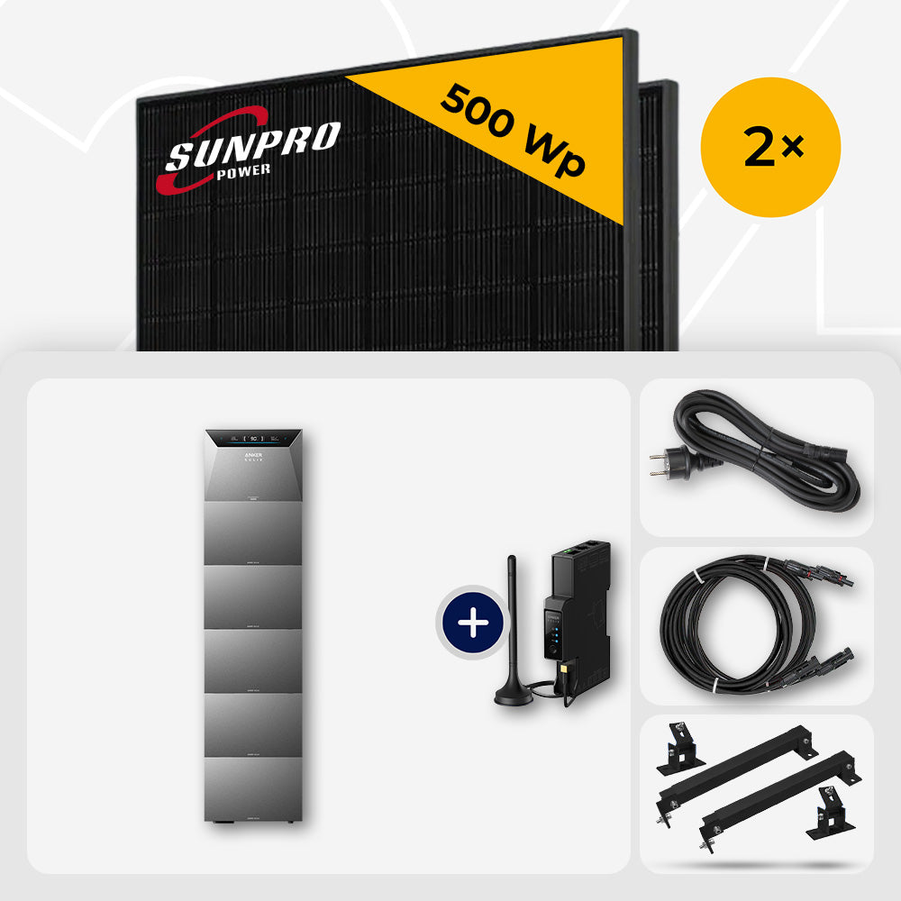 1000 Wp Balkonkraftwerk mit Speicher – 2x SunPro 500 Wp Full Black bifazial & Anker Solix Solarbank 4 Pro