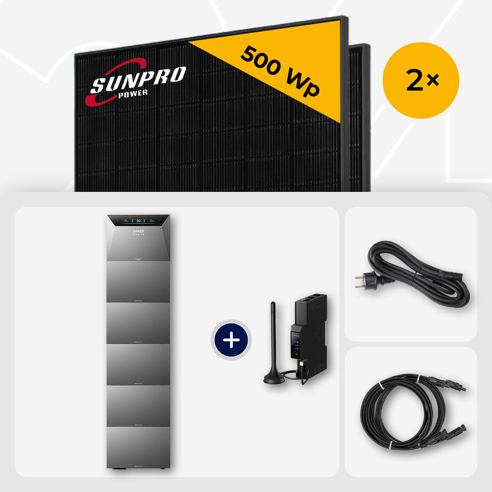 1000 Wp Balkonkraftwerk mit Speicher – 2x SunPro 500 Wp Full Black bifazial & Anker Solix Solarbank 4 Pro
