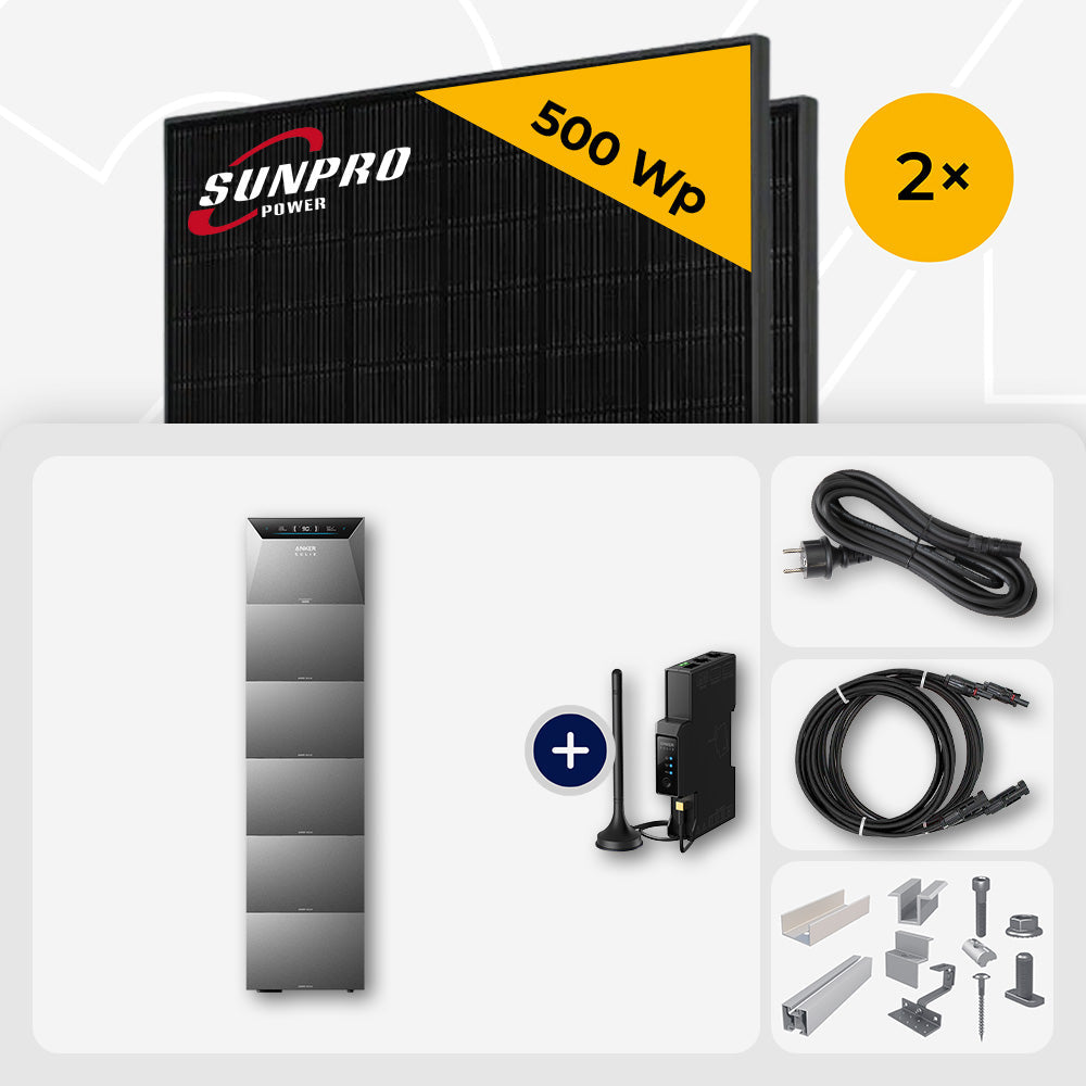 1000 Wp Balkonkraftwerk mit Speicher – 2x SunPro 500 Wp Full Black bifazial & Anker Solix Solarbank 4 Pro