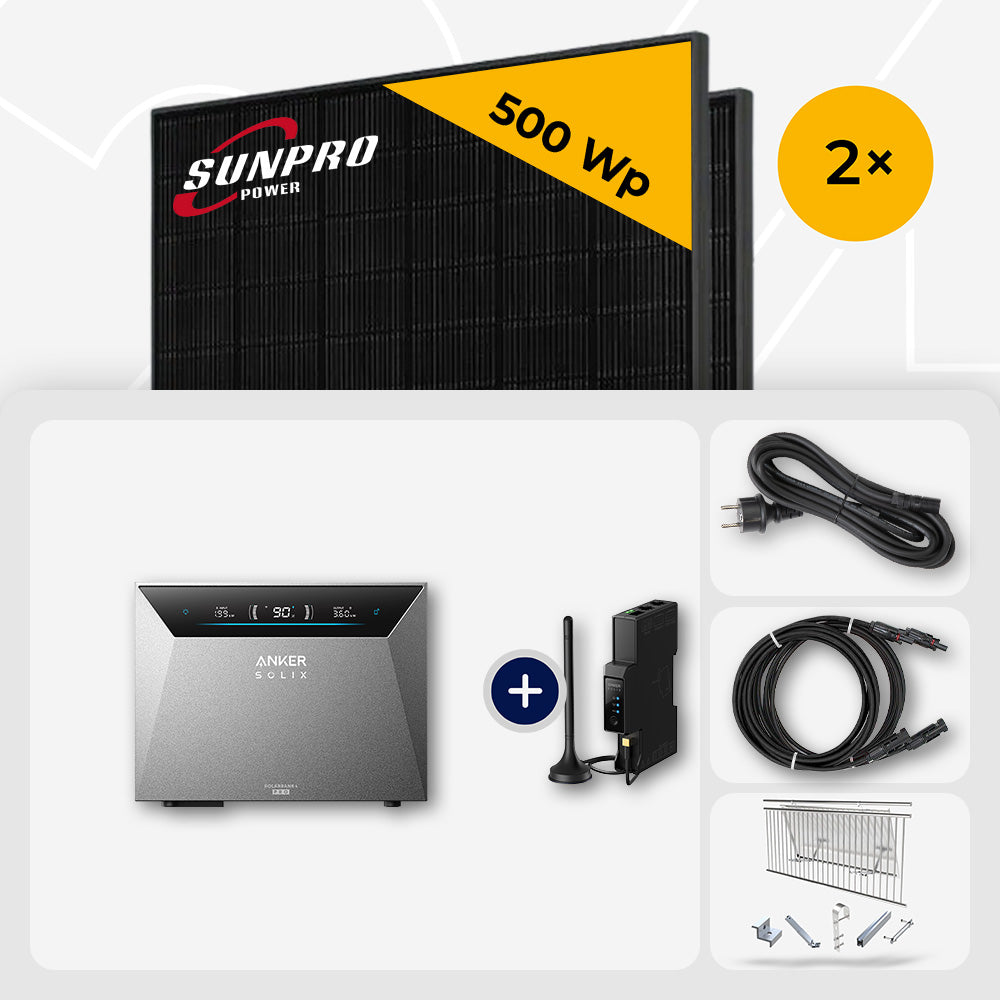 1000 Wp Balkonkraftwerk mit Speicher – 2x SunPro 500 Wp Full Black bifazial & Anker Solix Solarbank 4 Pro