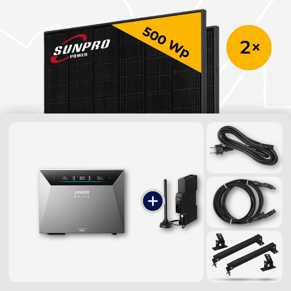 1000 Wp Balkonkraftwerk mit Speicher – 2x SunPro 500 Wp Full Black bifazial & Anker Solix Solarbank 4 Pro