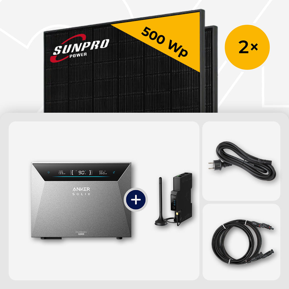 1000 Wp Balkonkraftwerk mit Speicher – 2x SunPro 500 Wp Full Black bifazial & Anker Solix Solarbank 4 Pro