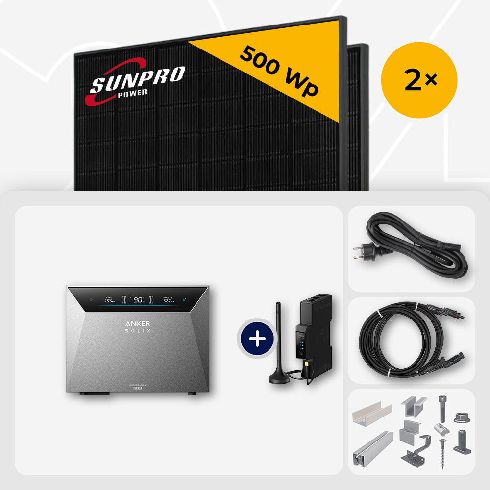 1000 Wp Balkonkraftwerk mit Speicher – 2x SunPro 500 Wp Full Black bifazial & Anker Solix Solarbank 4 Pro