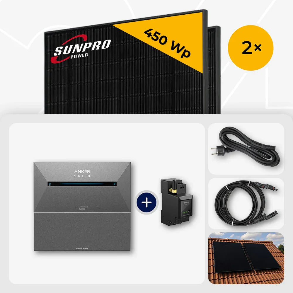 Sunpro 450 Wp Solarmodule, Anker Solix Speicher, Ziegeldach
