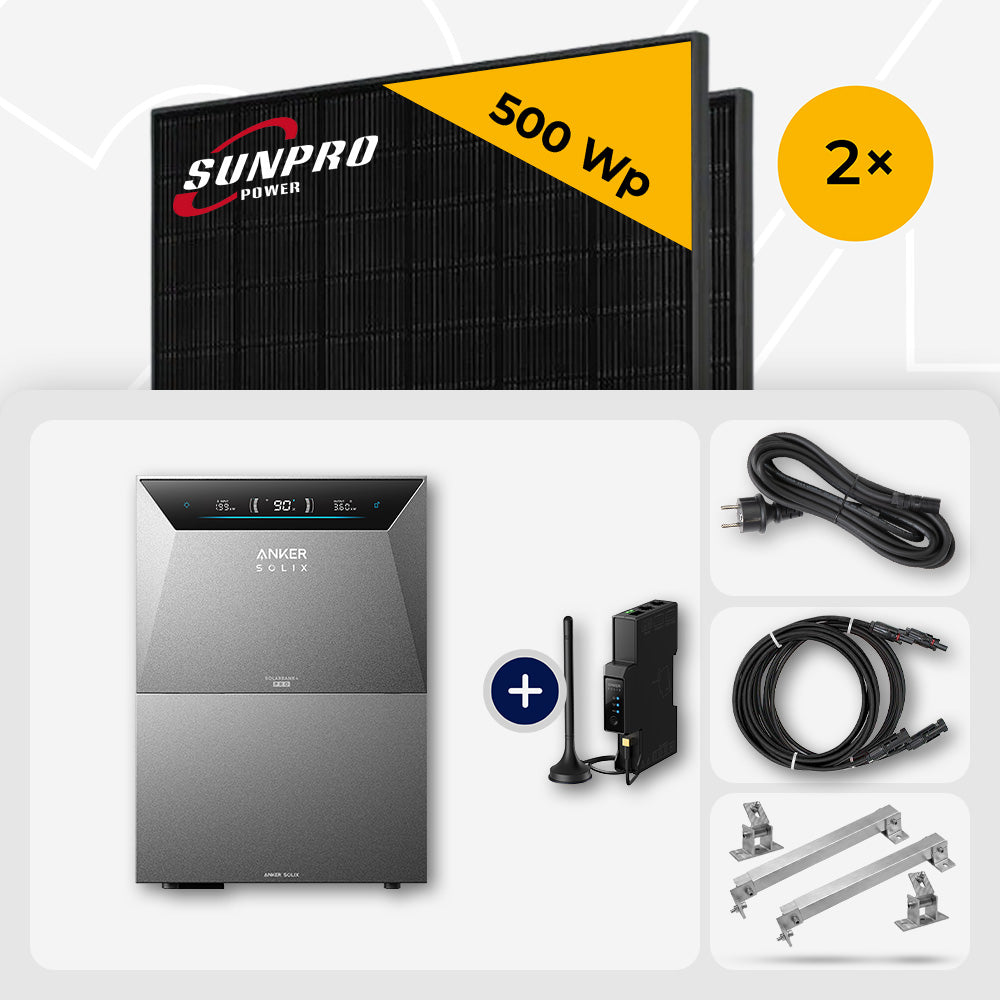 2x SunPro 500 Wp Bifazial Glas-Glas Back-Contact & Anker Solarbank 4 Pro 10.0 kWh - Flachdach/Wand Edelstahl