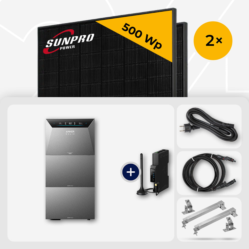 2x SunPro 500 Wp Bifazial Glas-Glas Back-Contact & Anker Solarbank 4 Pro 15.0 kWh - Flachdach/Wand Edelstahl