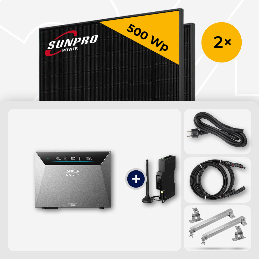 2x SunPro 500 Wp Bifazial Glas-Glas Back-Contact & Anker Solarbank 4 Pro 5.0 kWh - Flachdach/Wand Edelstahl