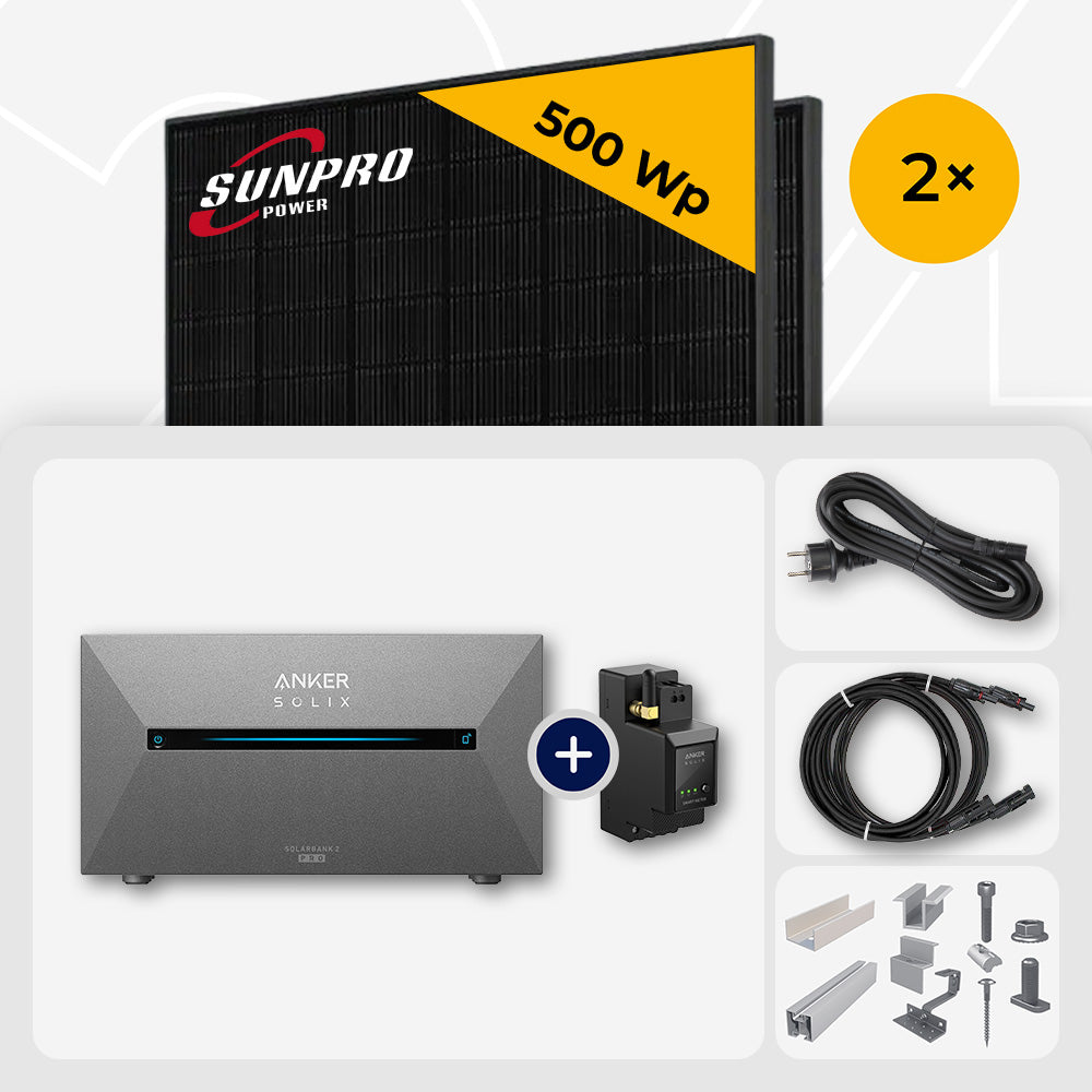 1000 Wp Balkonkraftwerk mit Speicher - 2x SunPro 500 Wp Bifazial Glas-Glas Full Black & Anker Solix Solarbank 2 Pro