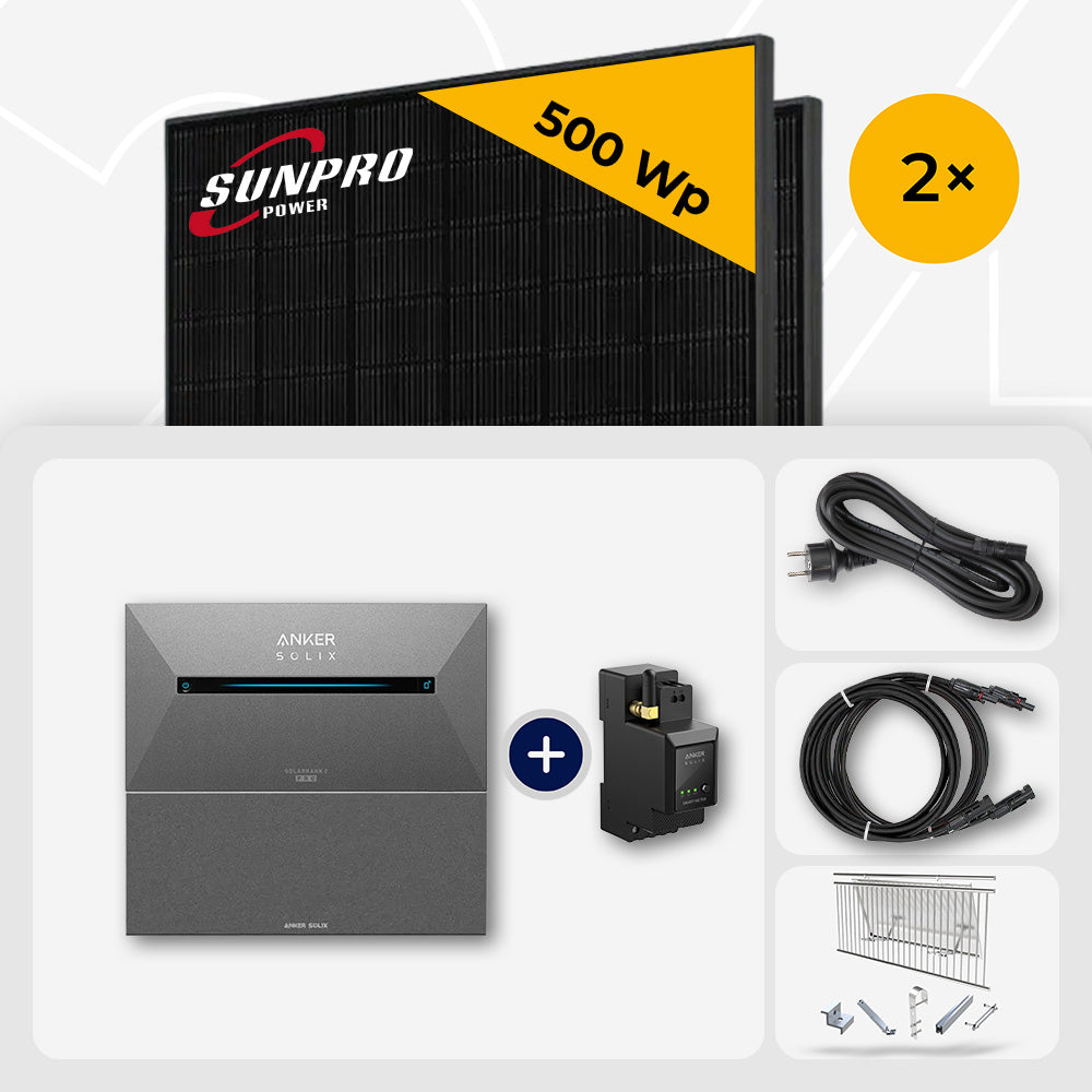 1000 Wp Balkonkraftwerk mit Speicher - 2x SunPro 500 Wp Bifazial Glas-Glas Full Black & Anker Solix Solarbank 2 Pro