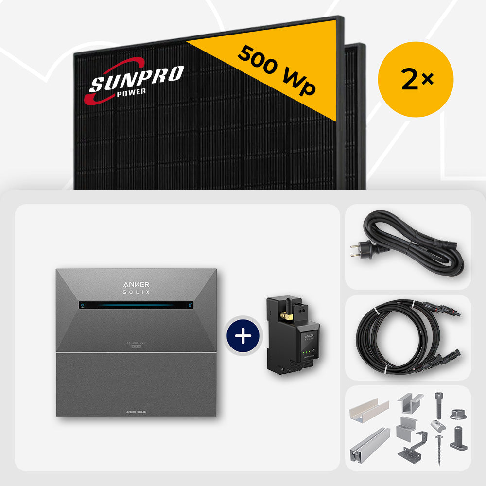 1000 Wp Balkonkraftwerk mit Speicher - 2x SunPro 500 Wp Bifazial Glas-Glas Full Black & Anker Solix Solarbank 2 Pro