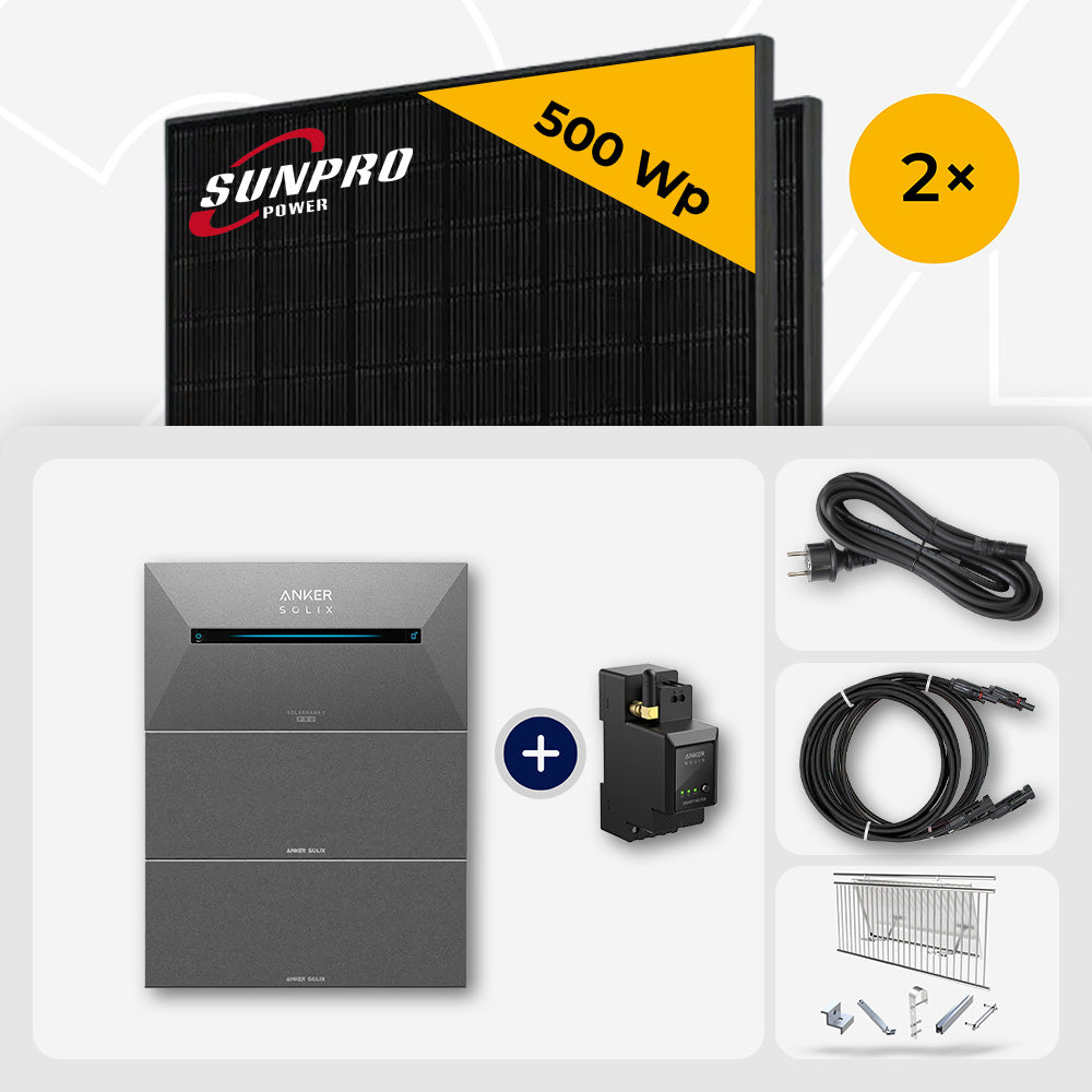 1000 Wp Balkonkraftwerk mit Speicher - 2x SunPro 500 Wp Bifazial Glas-Glas Full Black & Anker Solix Solarbank 2 Pro
