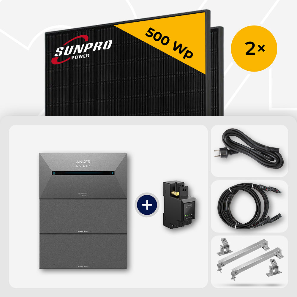 2x SunPro 500 Wp Bifazial Glas-Glas Full Black & Anker Solix Solarbank 2 Pro 4.8 kWh - Flachdach/Wand Edelstahl