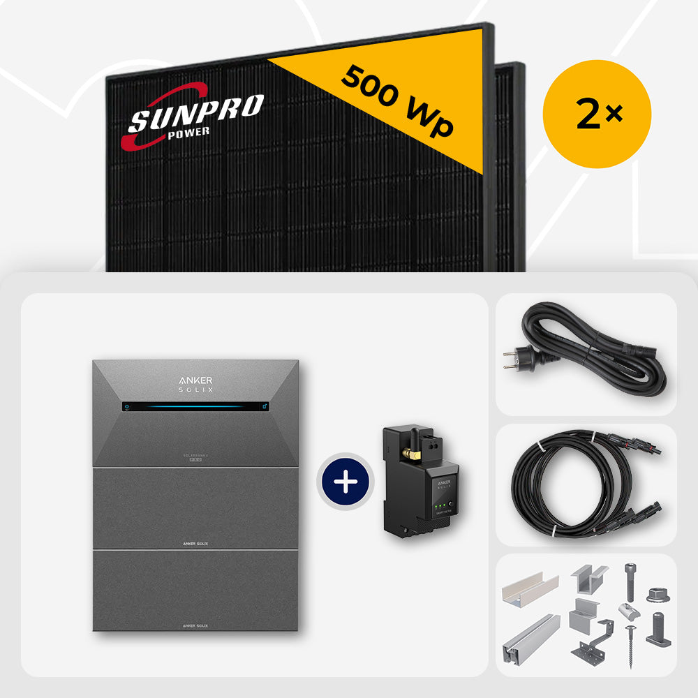 1000 Wp Balkonkraftwerk mit Speicher - 2x SunPro 500 Wp Bifazial Glas-Glas Full Black & Anker Solix Solarbank 2 Pro