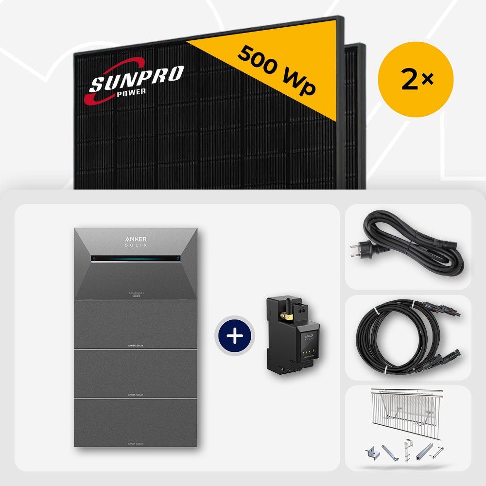 1000 Wp Balkonkraftwerk mit Speicher - 2x SunPro 500 Wp Bifazial Glas-Glas Full Black & Anker Solix Solarbank 2 Pro