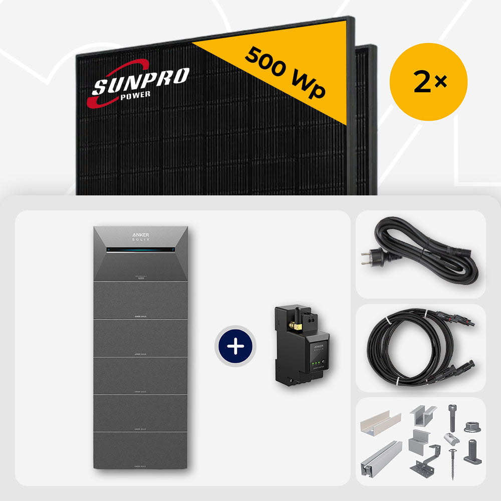 1000 Wp Balkonkraftwerk mit Speicher - 2x SunPro 500 Wp Bifazial Glas-Glas Full Black & Anker Solix Solarbank 2 Pro