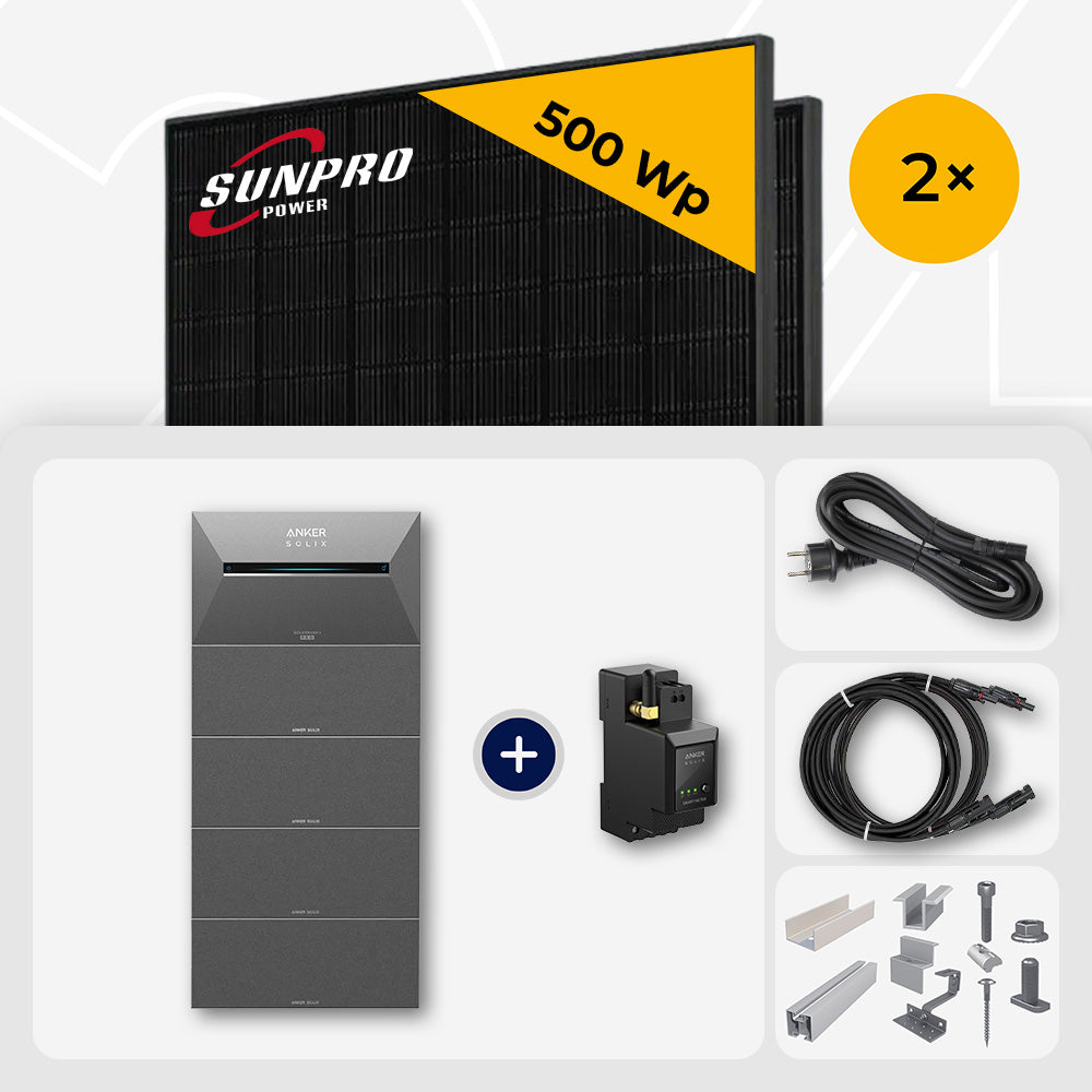 1000 Wp Balkonkraftwerk mit Speicher - 2x SunPro 500 Wp Full Black bifazial & Anker Solix Solarbank 3 Pro