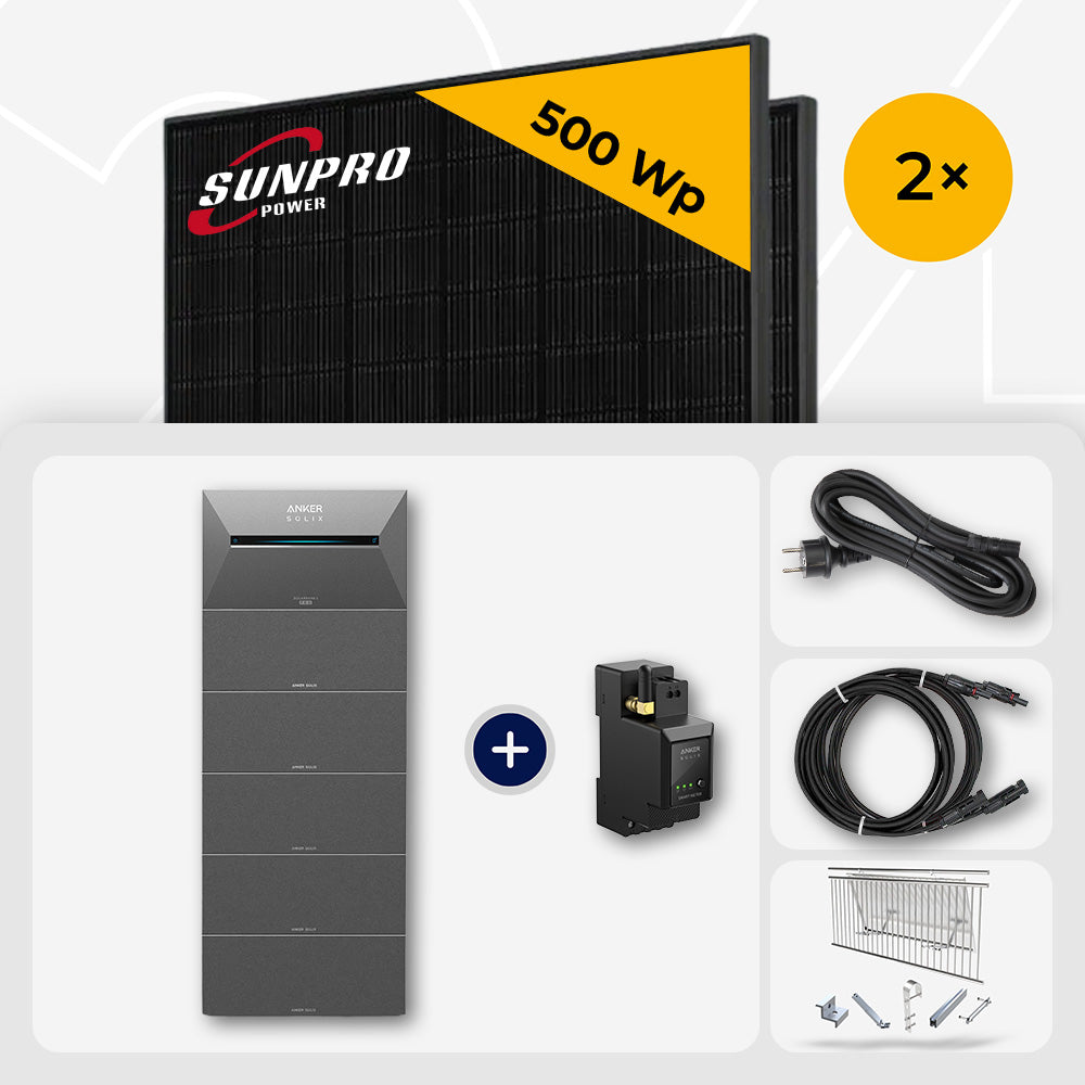 1000 Wp Balkonkraftwerk mit Speicher - 2x SunPro 500 Wp Full Black bifazial & Anker Solix Solarbank 3 Pro