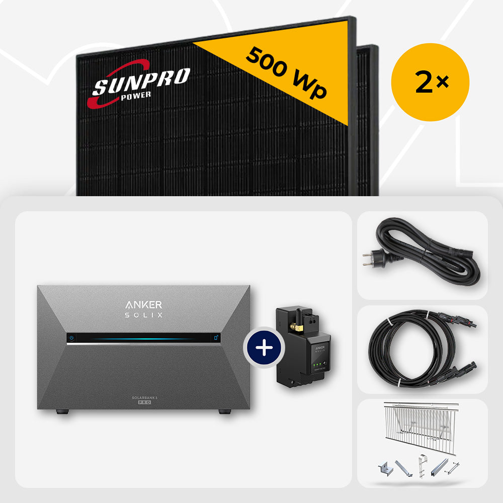 1000 Wp Balkonkraftwerk mit Speicher - 2x SunPro 500 Wp Full Black bifazial & Anker Solix Solarbank 3 Pro