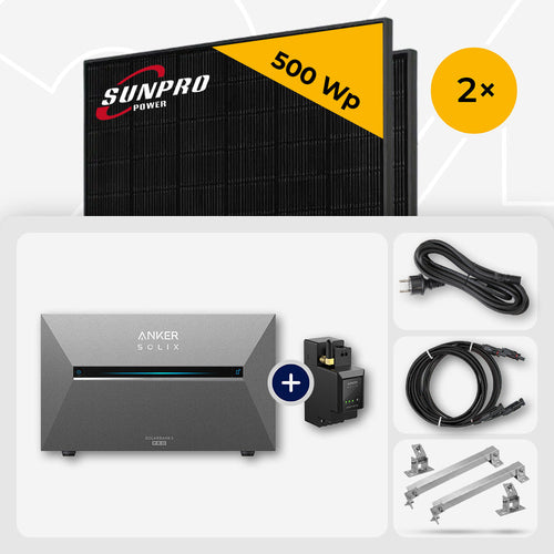2x SunPro 500 Wp Full Black bifazial & Anker Solix Solarbank 3 Pro 2.68 kWh - Flachdach/Wand Edelstahl